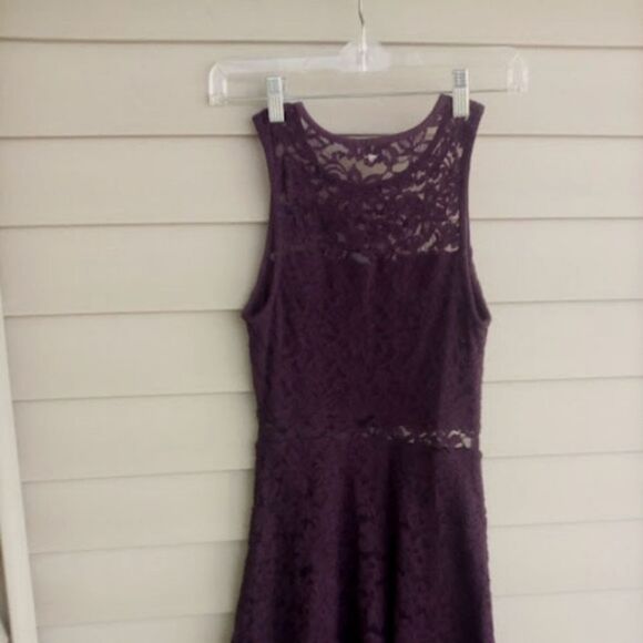 Garage Brand Mini Skater Dress Lace Eggplant Color Sheer Neck and Waist size XS - Picture 3 of 7